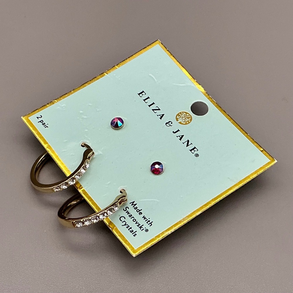 Eliza & Jane Earring Set Women Gold Tone Swarovski Crystal Hoops Studs 2 Pair